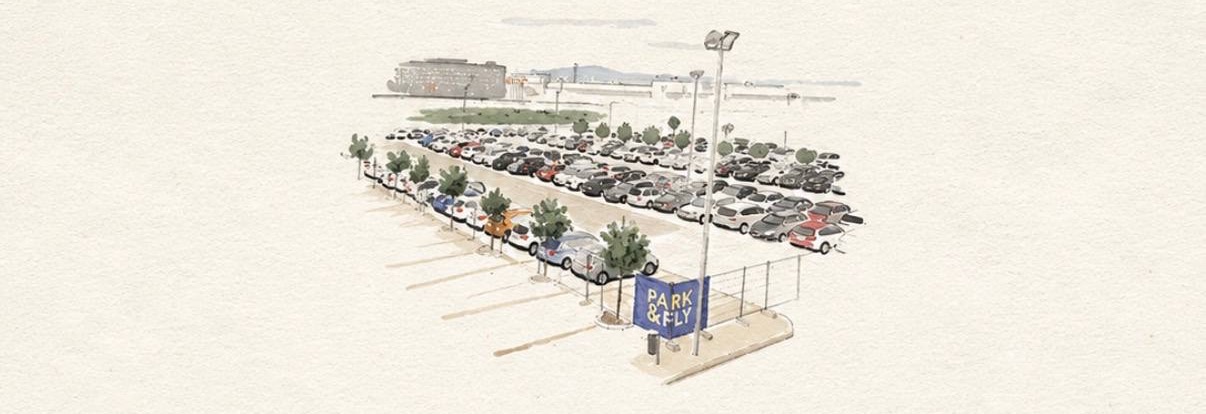 Kresba parkoviště M2 Parking — Park & Fly: řady zaparkovaných aut, oplocení a v pozadí terminál letiště Bratislava